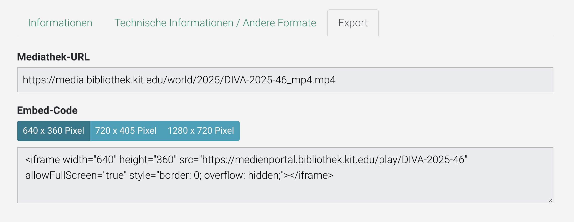 Screenshot Position Einbettungscode im Medienportal